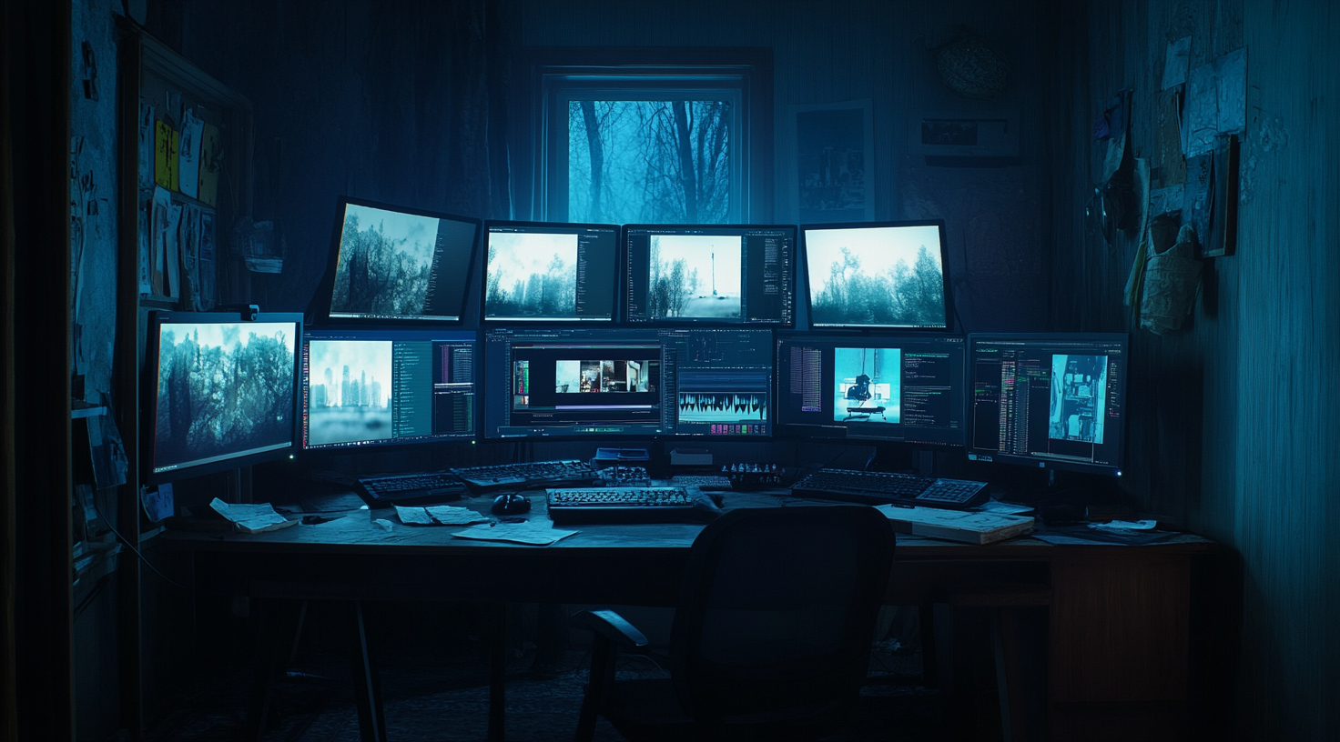 Moody room with desk of monitors showing video software.