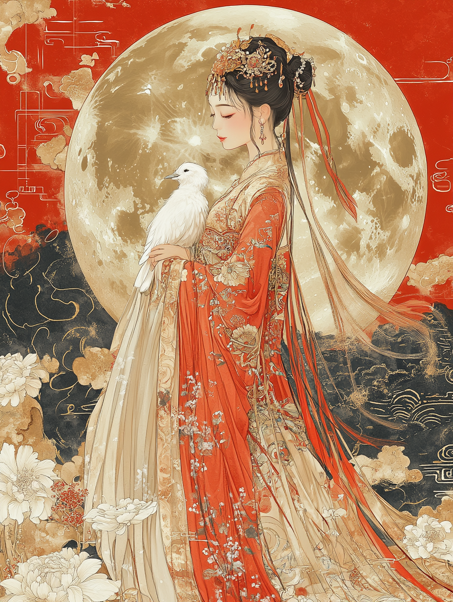 Moon Goddess Chang'e with white bird under full moon.