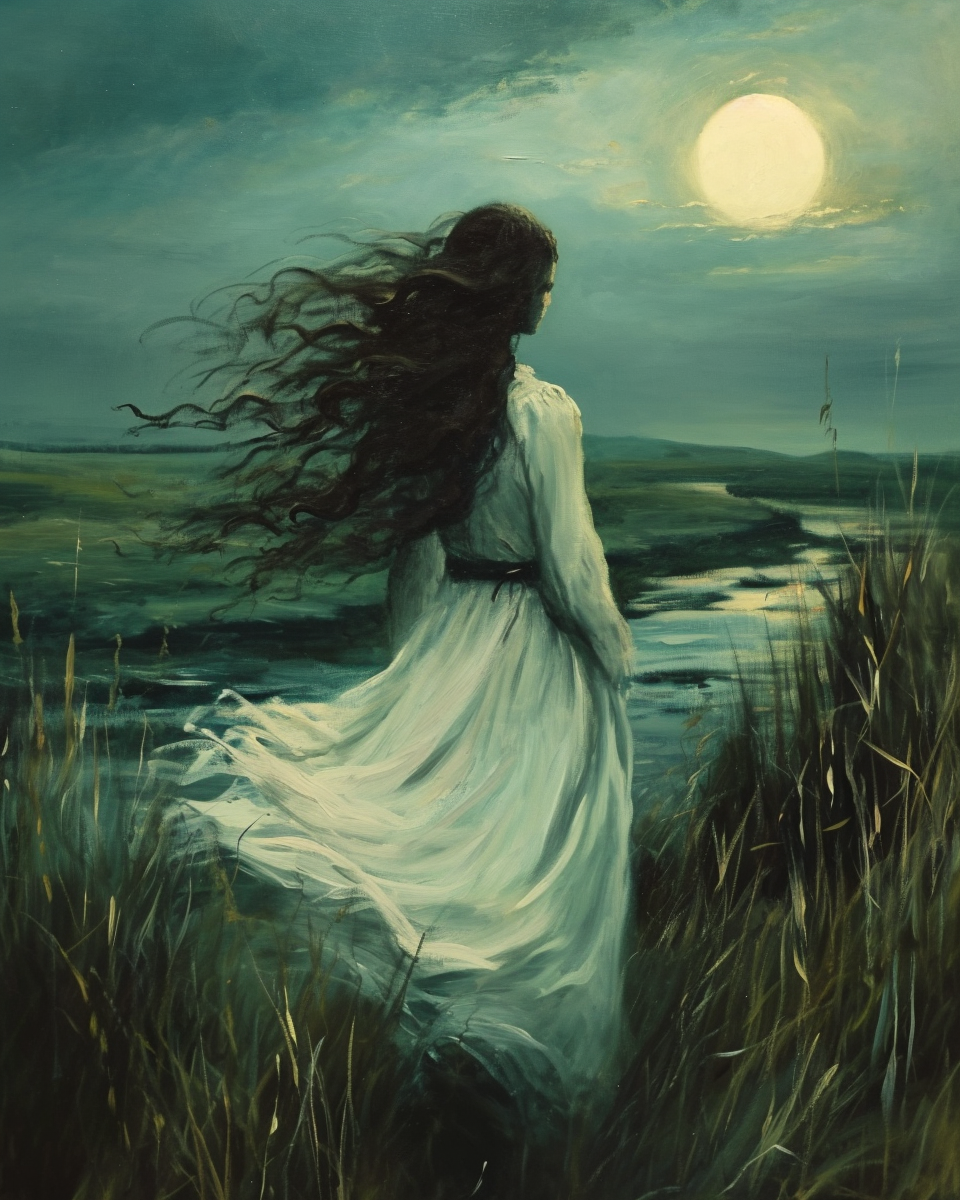 Beautiful Sorceress Standing in Field at Dawn