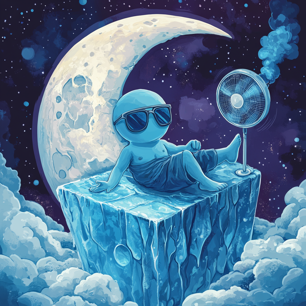 Moon character in sunglasses meditating on ice cube.