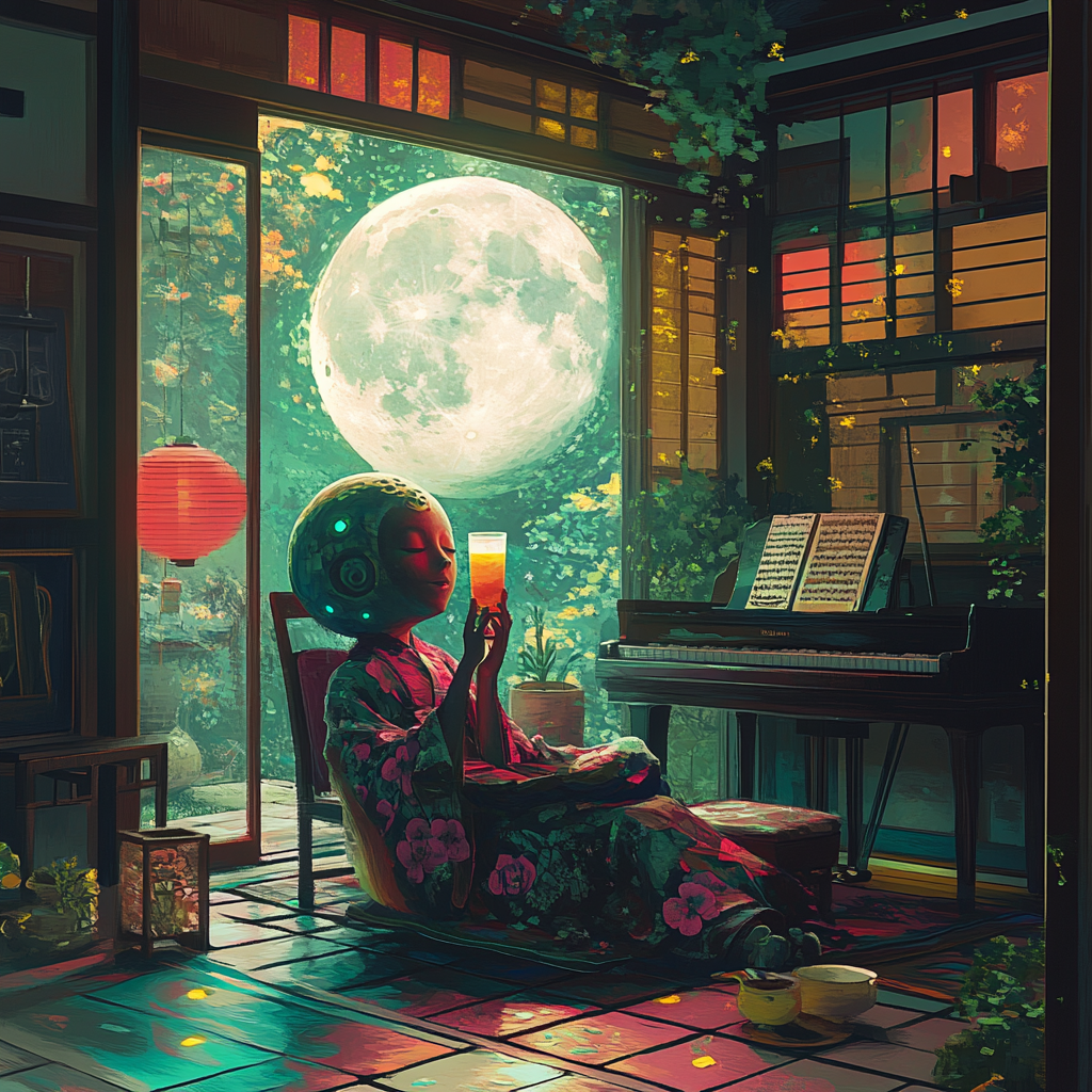 Moon character meditating in Japanese tea house with matcha.