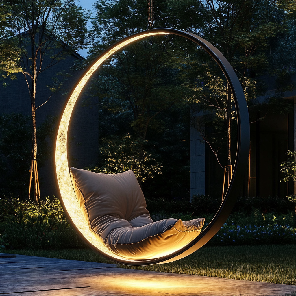 Moon-shaped swing with color-changing LED lights, luxury seat.