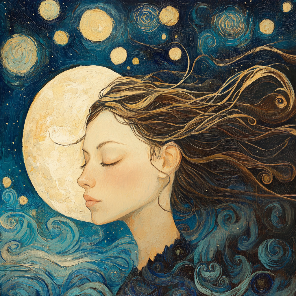 Moon whispers secrets, history, longing, dreams, luminous magic.