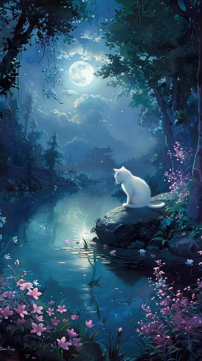 Moonlit Clearing with Glowing Flowers and White Cat