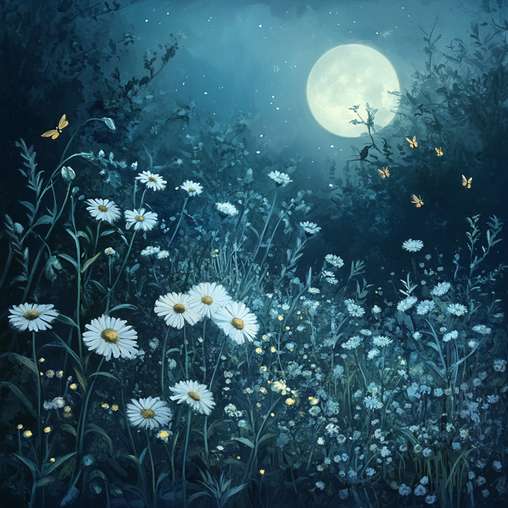 Moonlit Garden with Chamomile, Lemon Balm and Fireflies