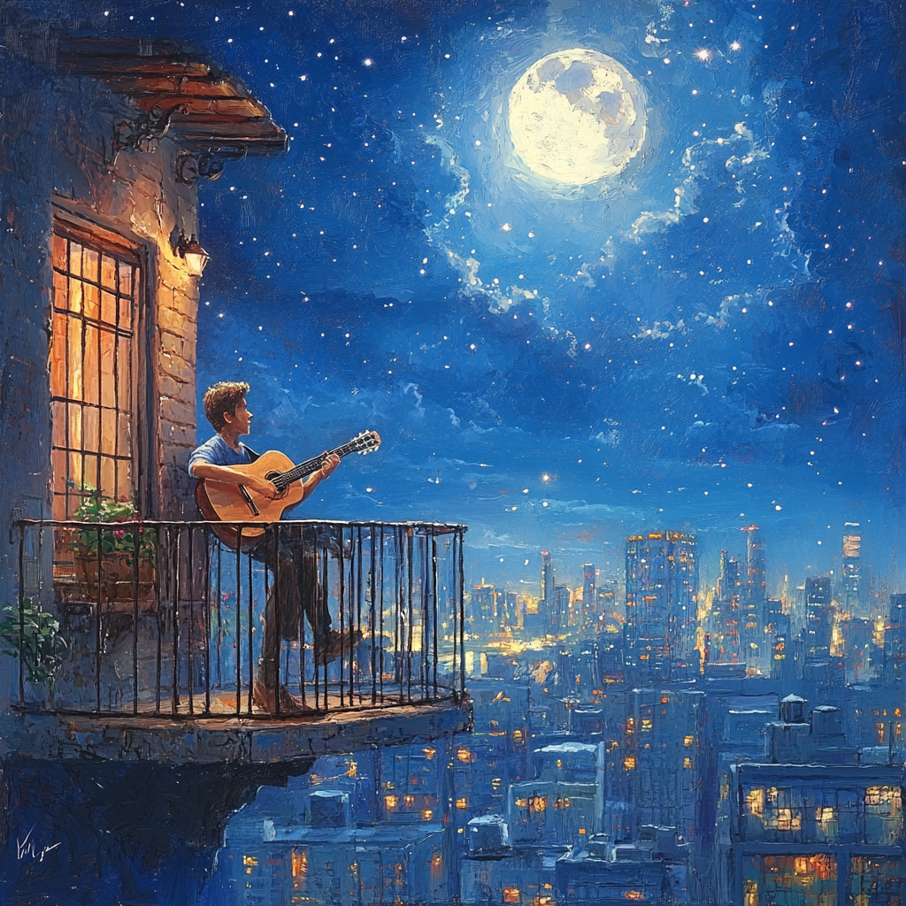 Moonlit balcony serenade: musician plays guitar under starry sky