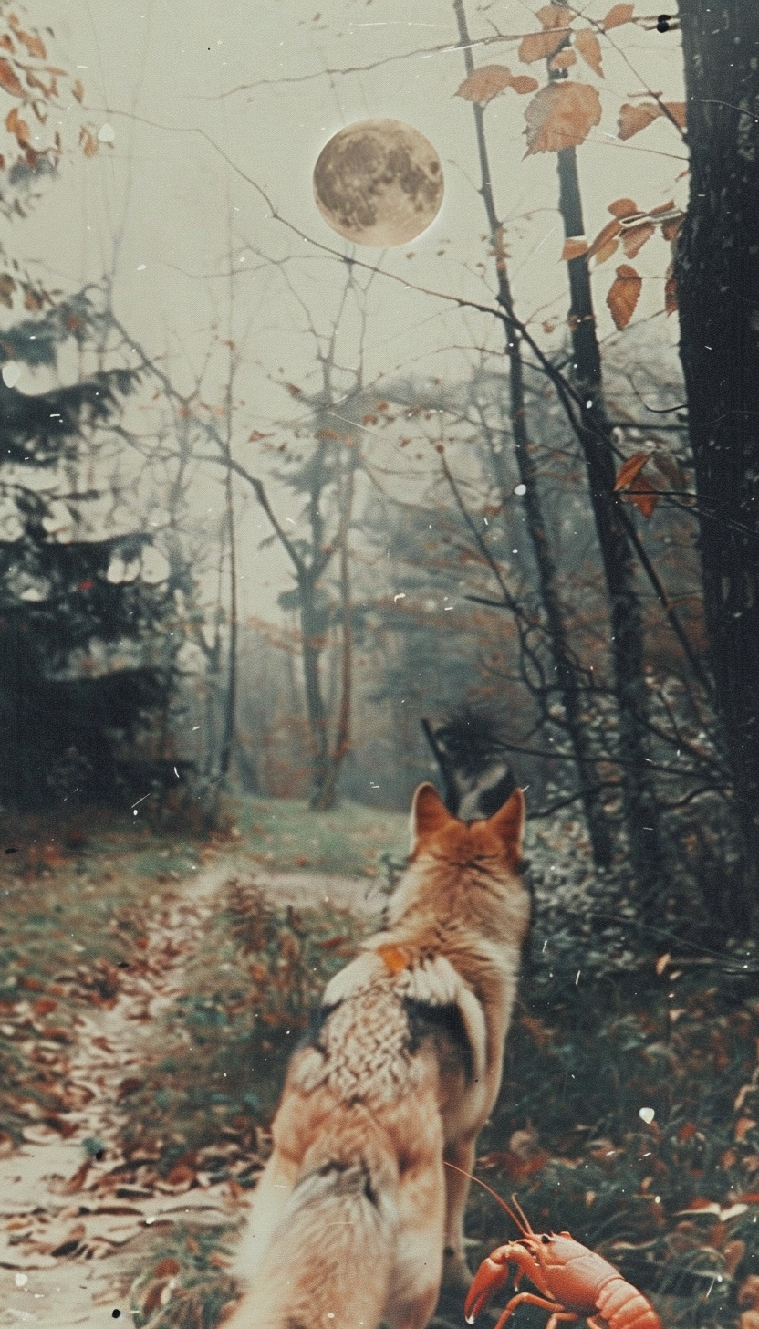 Moonlit forest with dog, wolf, and crayfish, ethereal glow.