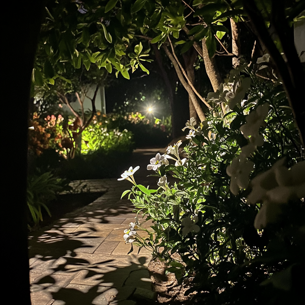 Moonlit garden with calming shadows on flowers, peaceful night