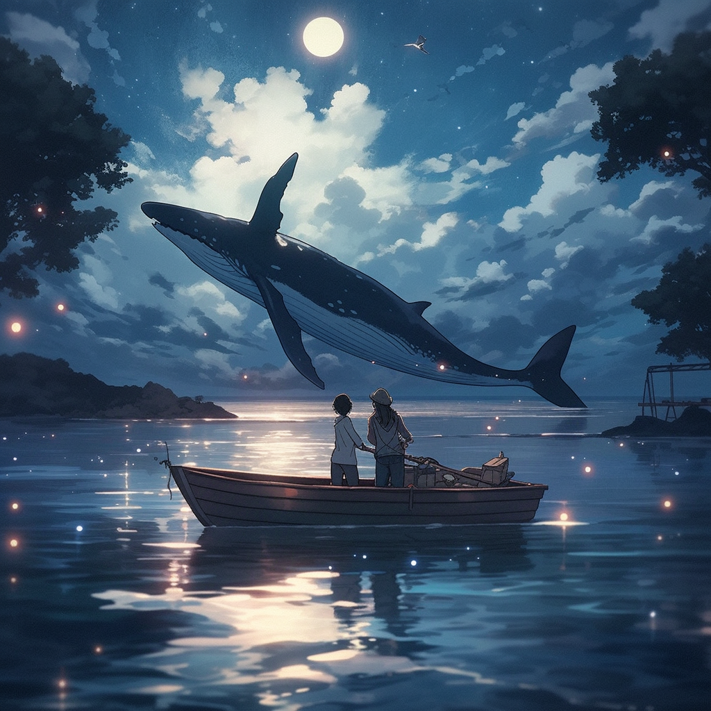 Moonlit ocean boat with giant shark beneath