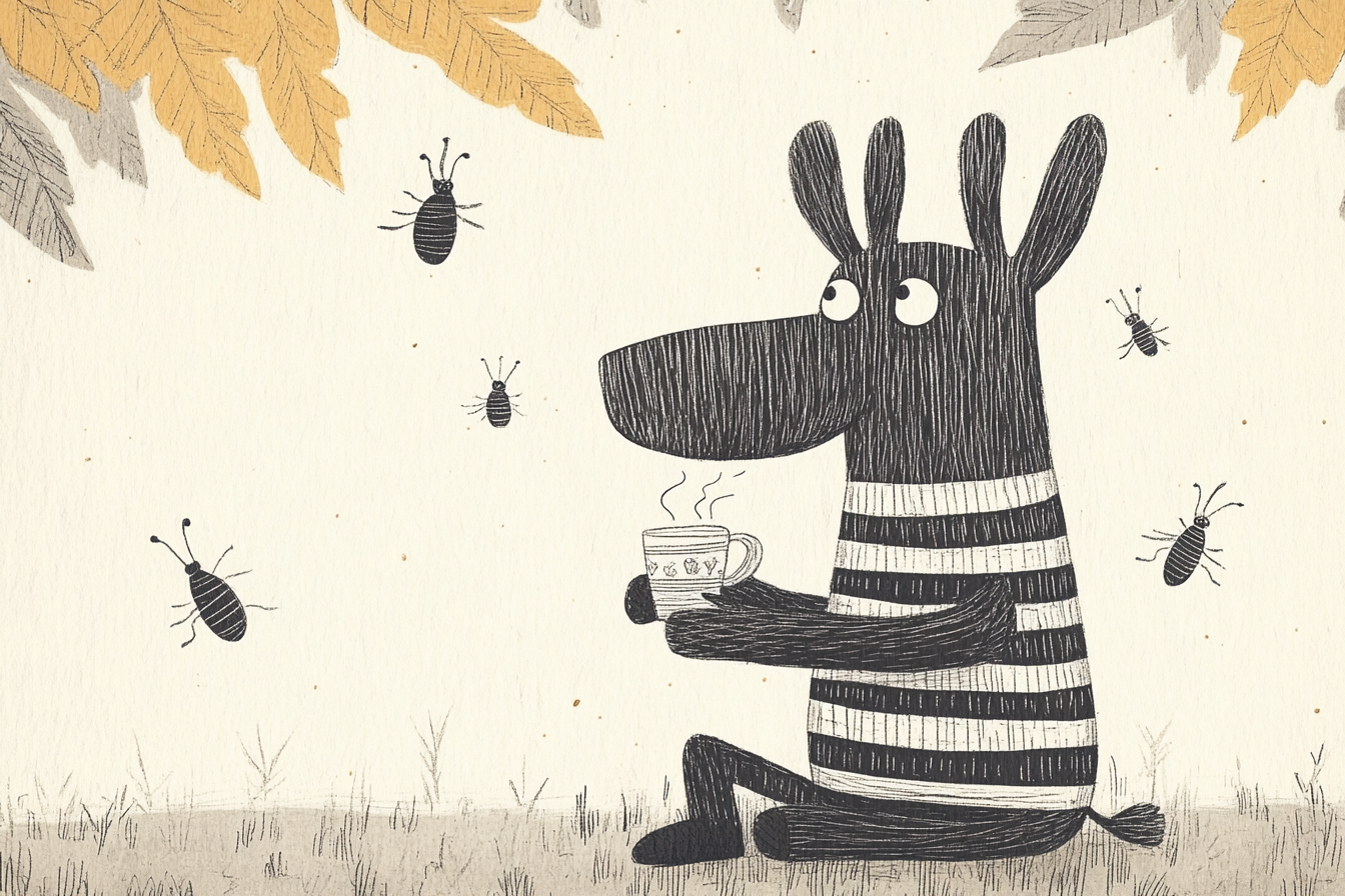 Moose in slippers drinking coffee surrounded by insects.