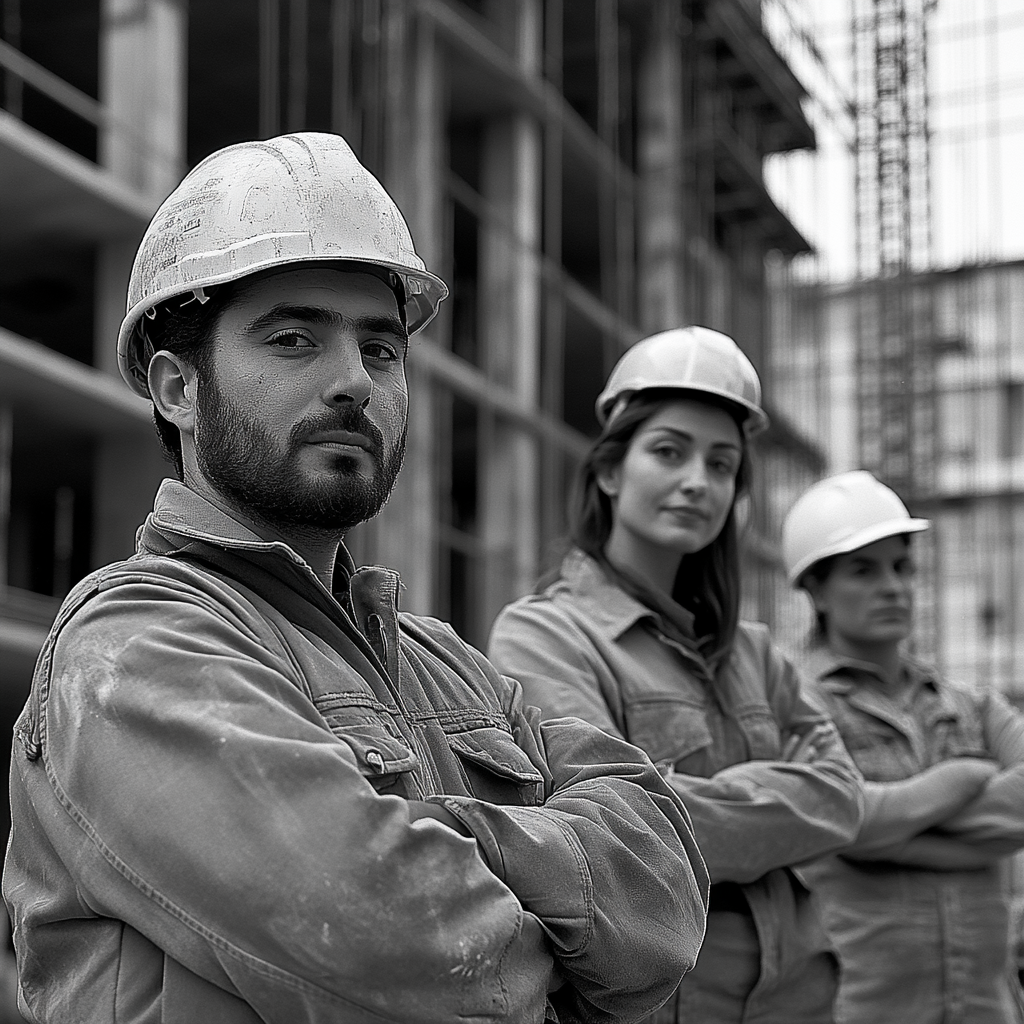 Moroccan man, European woman, workers in builder attire, construction.