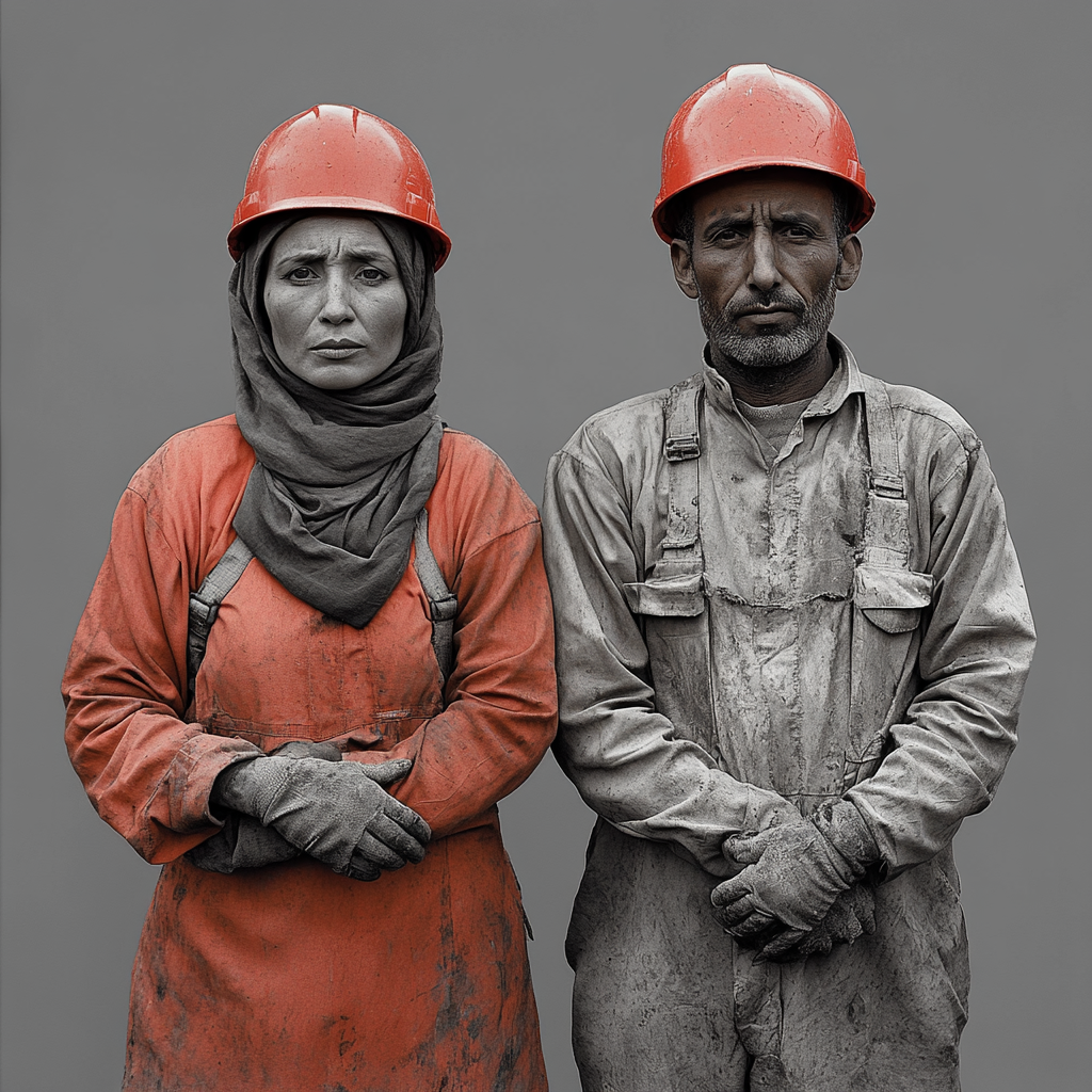 Moroccan man and woman in dirty builder's clothes.