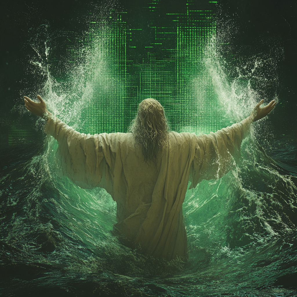 Moses parting green sea with graph bars