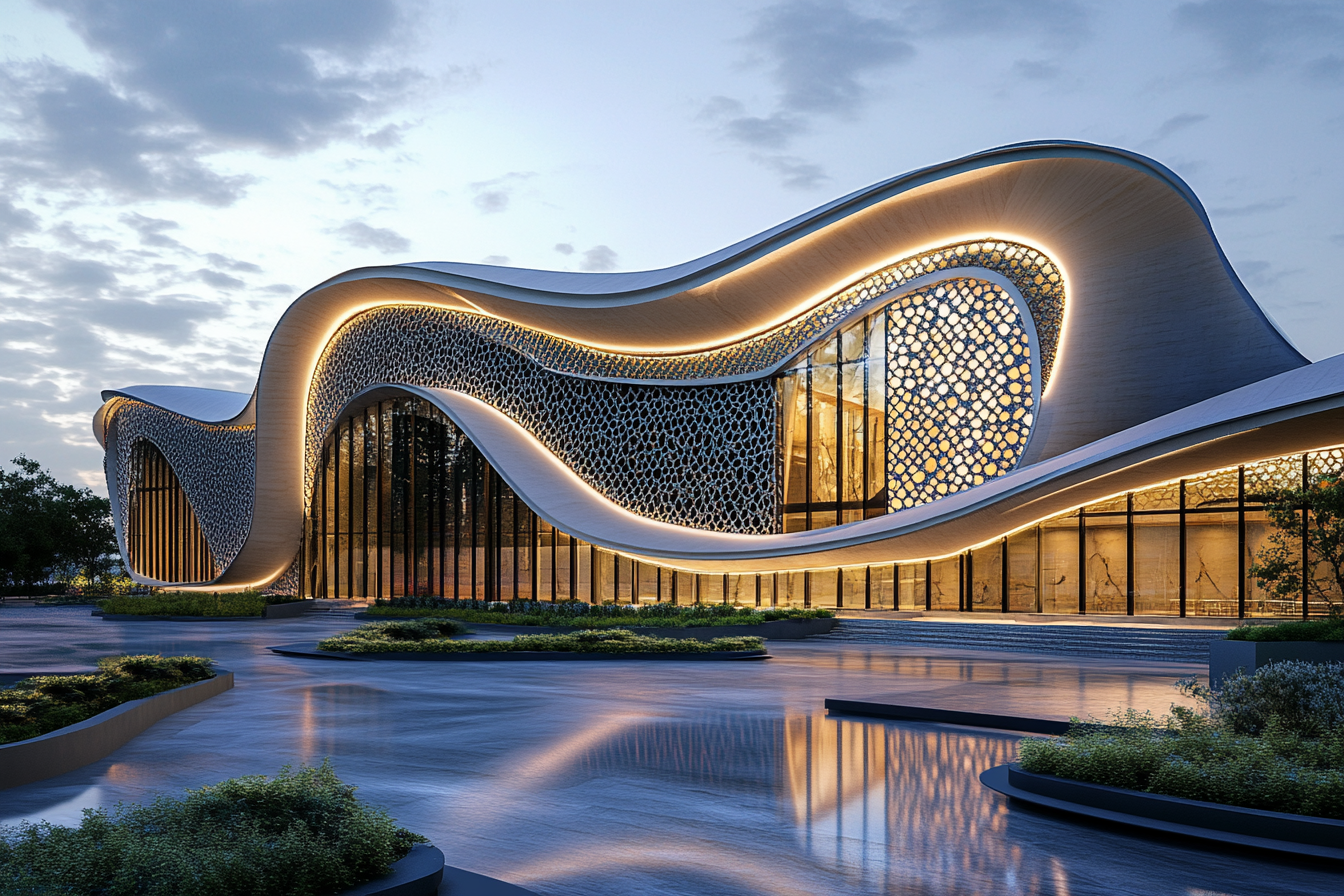 Mosque design with wave-like structure, ocean-blue glass, & greenery.