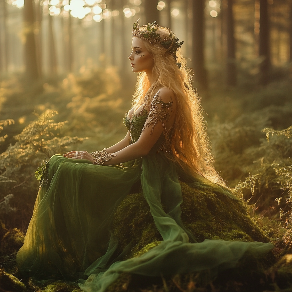 Moss covered throne in pine forest with fairy queen.