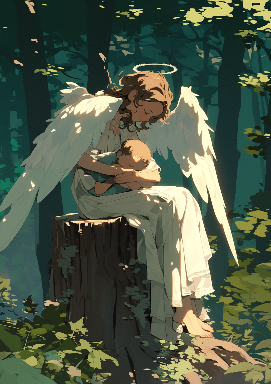 Mother Angel soothes baby in forest.