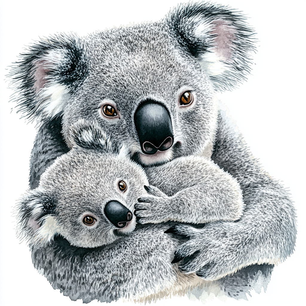 Mother Koala Holds Baby in Watercolour Illustration