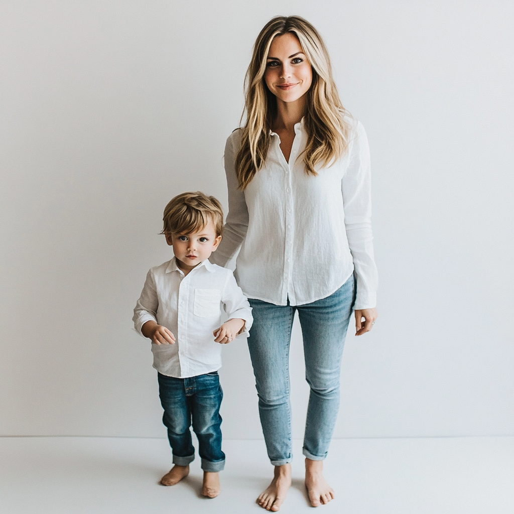 Mother and Child in Matching White Outfits