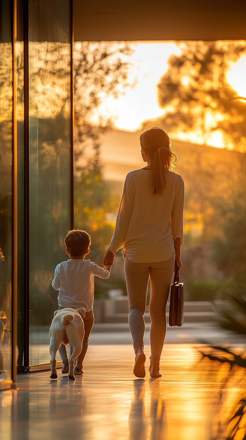 Mother and child walking dog in evening light