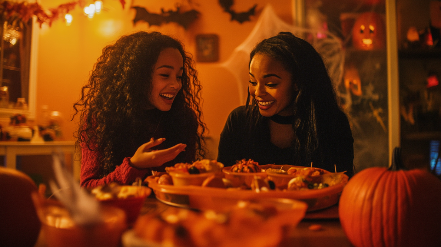 Mother and daughter enjoying Halloween festivities at table.