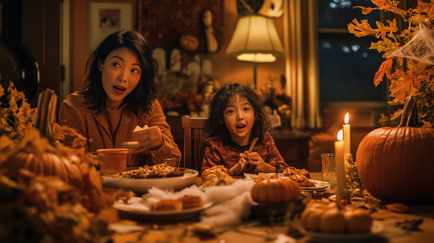 Mother and daughter enjoying Halloween music and snacks.