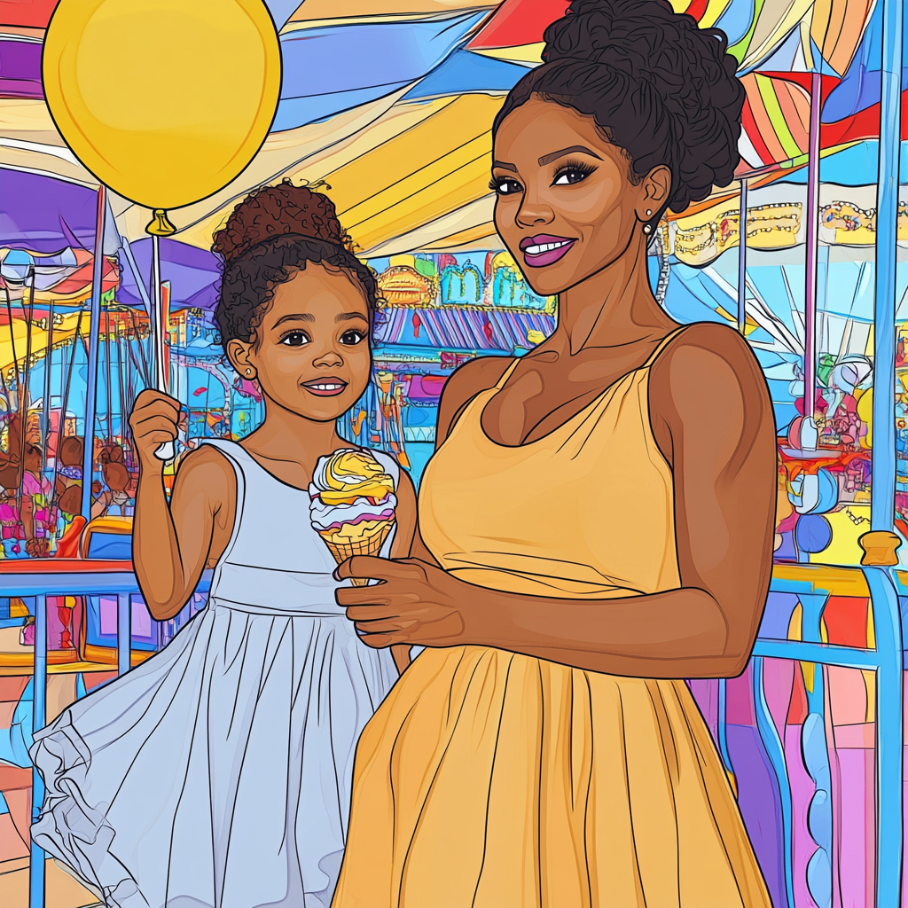 Mother and daughter enjoying carnival with ice cream.