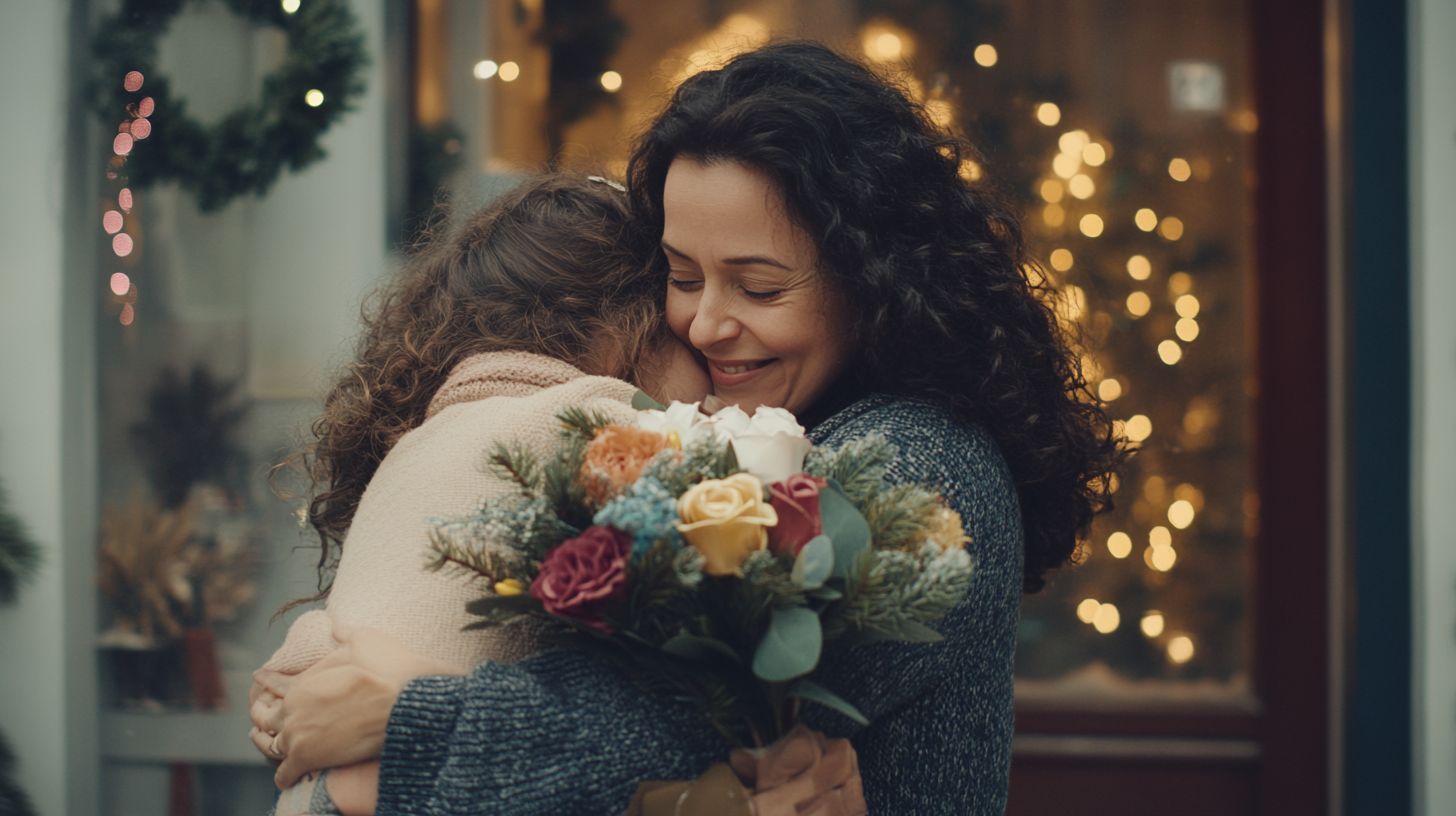 Mother and daughter hugging happily near Christmas decorations