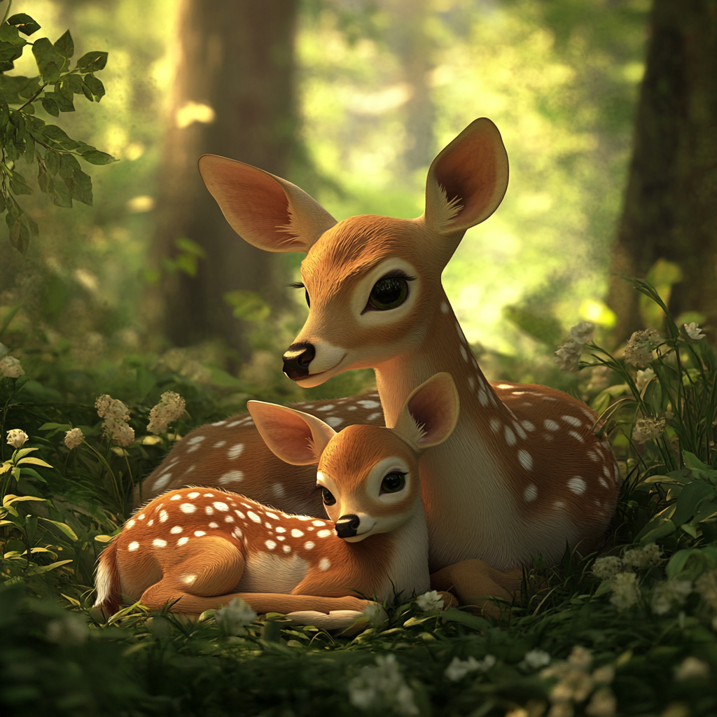 Mother deer and fawn in lush forest scene