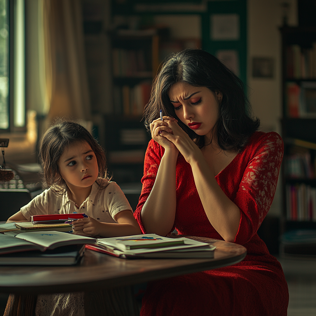 Mother in red dress helping frustrated child with homework 