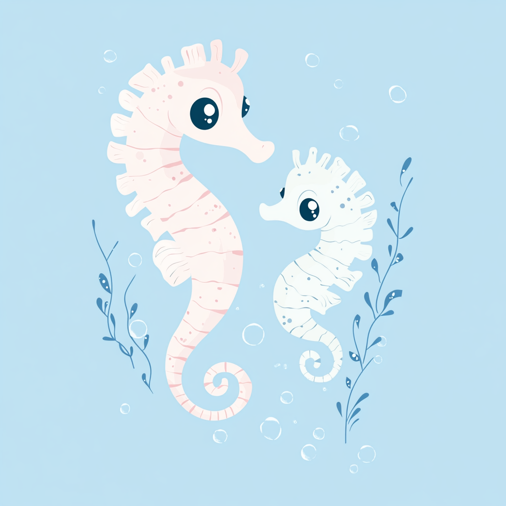 Mother seahorse and baby seahorse with seaweed, bubbles.