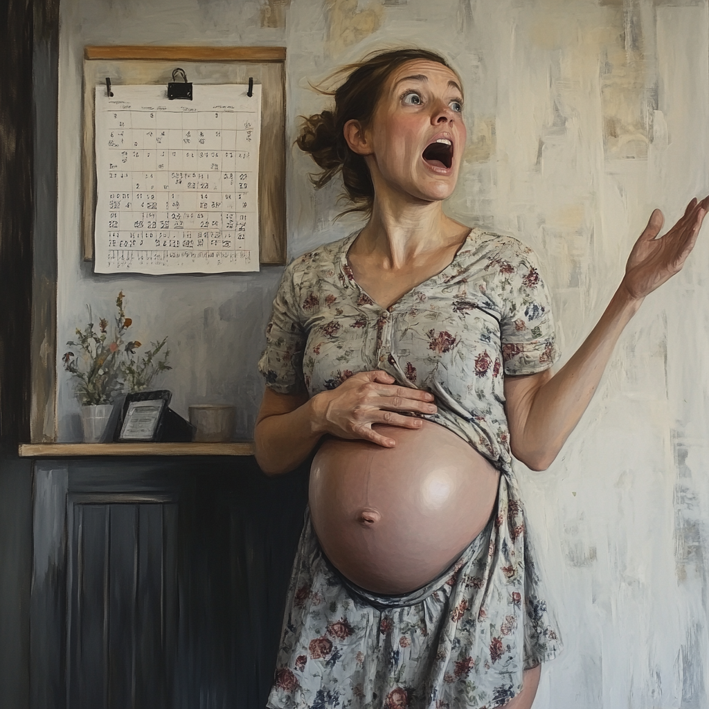 Mother strokes belly, shocked by belly speech from calendar.