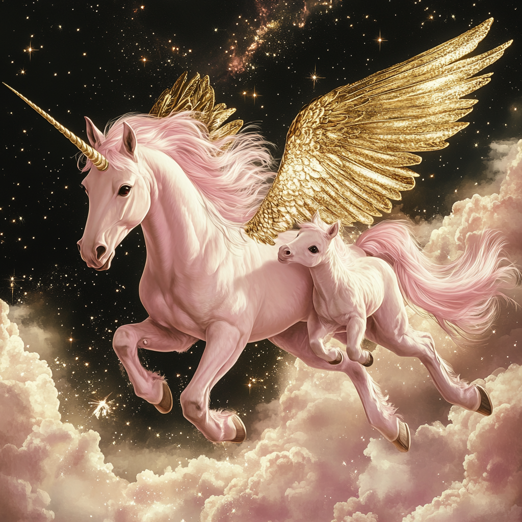 Mother unicorn and baby unicorn flying together realistically.