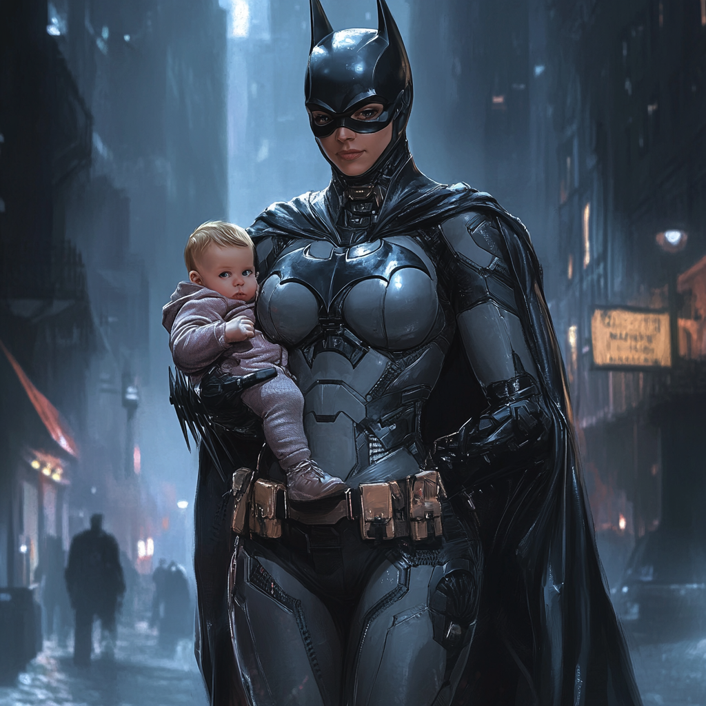 Mother version of Batman, holding baby on rooftop.