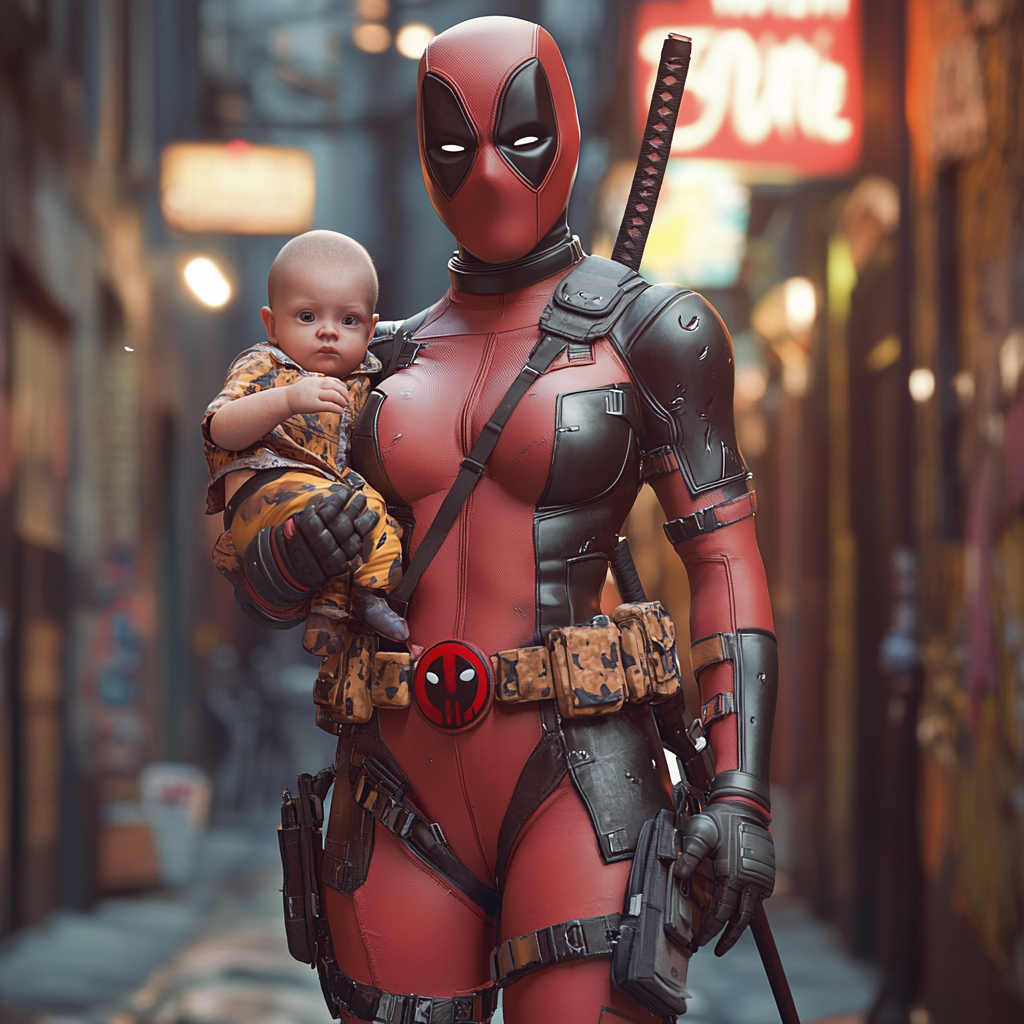 Motherly Deadpool, baby in arm, katana in hand.