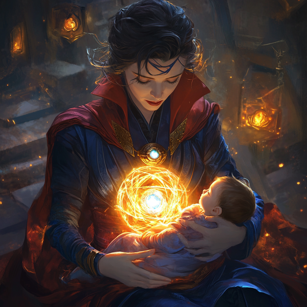 Motherly Doctor Strange with baby, protective spells in Sanctum Sanctorum.