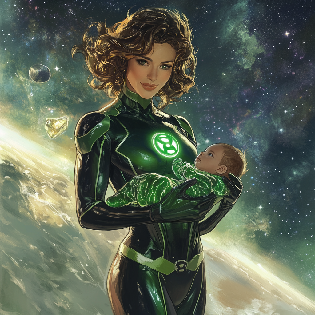 Motherly Green Lantern with baby in space.