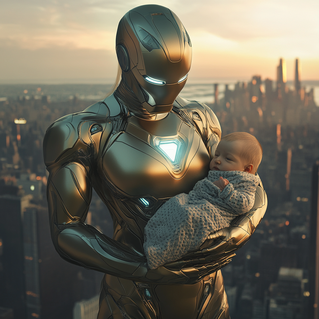 Motherly Iron Woman cradles baby on futuristic rooftop.