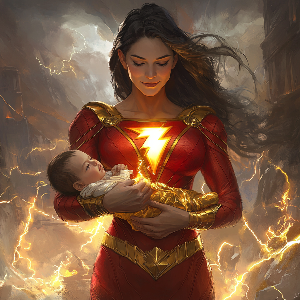 Motherly Shazam holding baby in glowing, magical hands.