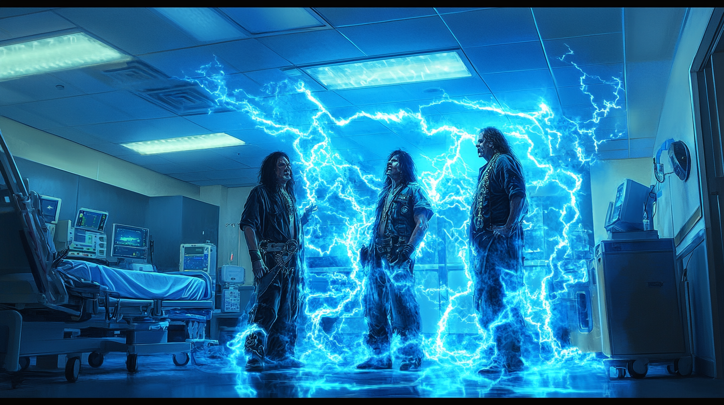 Motley Crue members in hospital ER with blue lightning.