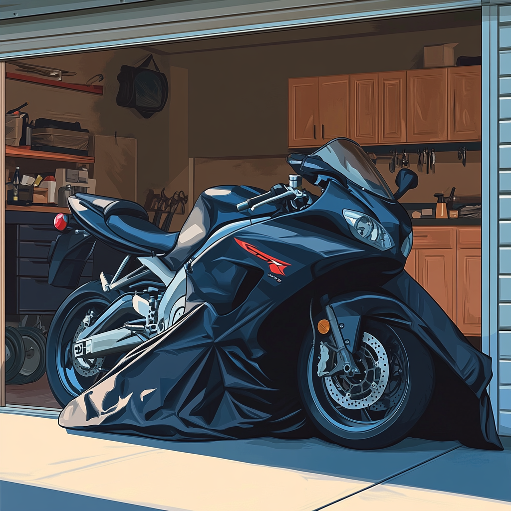 Motorcycle covered with moisture-absorbing material stored in garage.