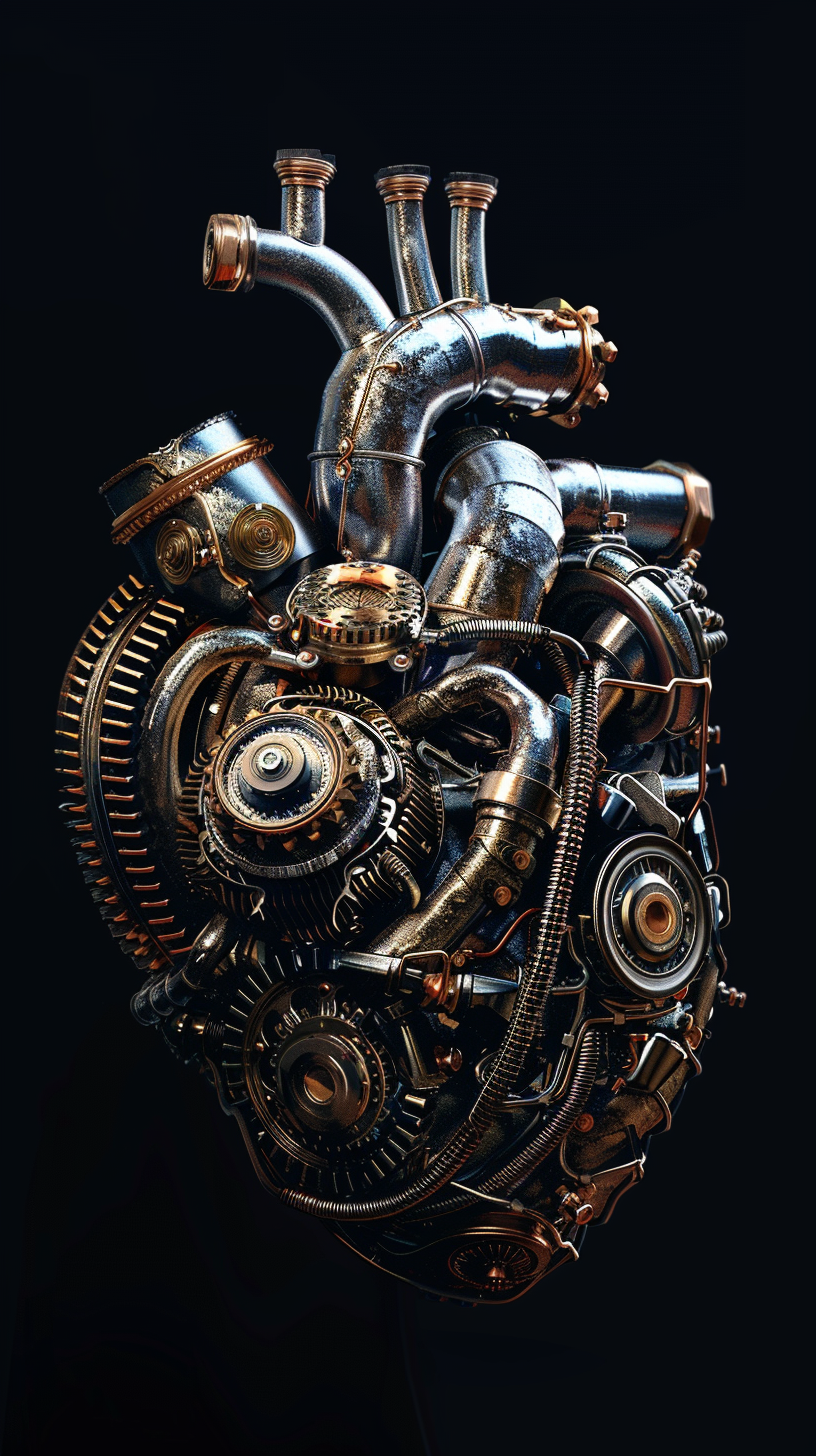 Motorcycle engine parts heart, detailed and realistic style.