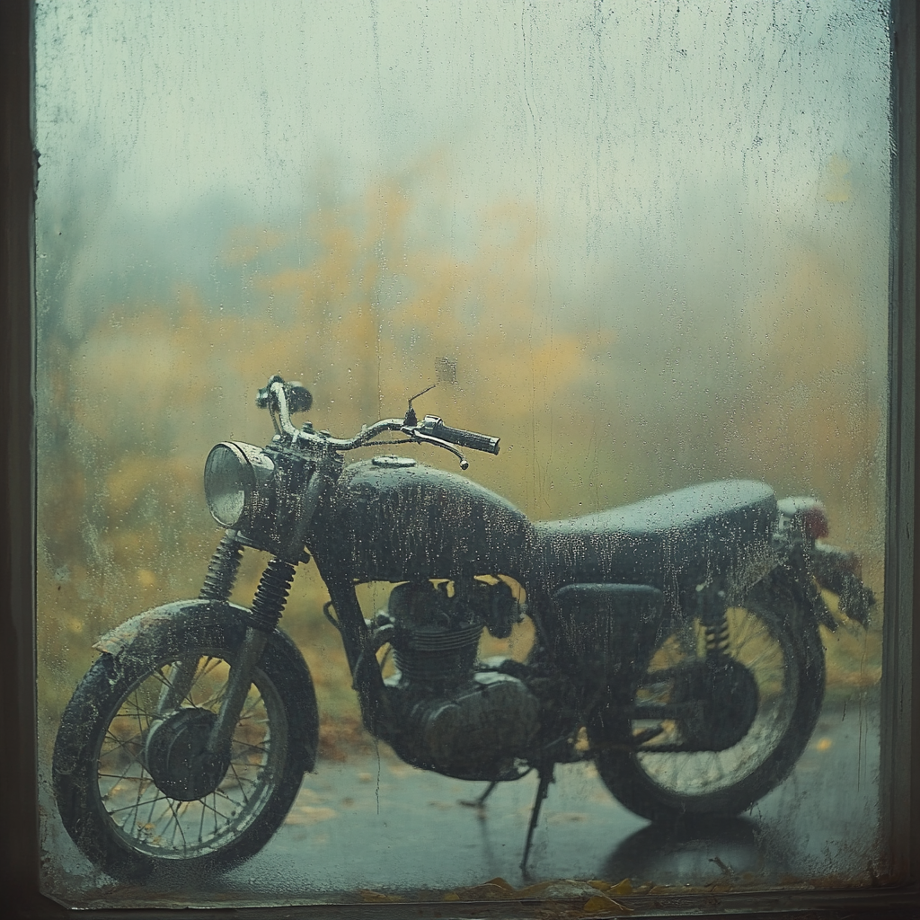 Motorcycle outside covered with dew in late autumn dew.