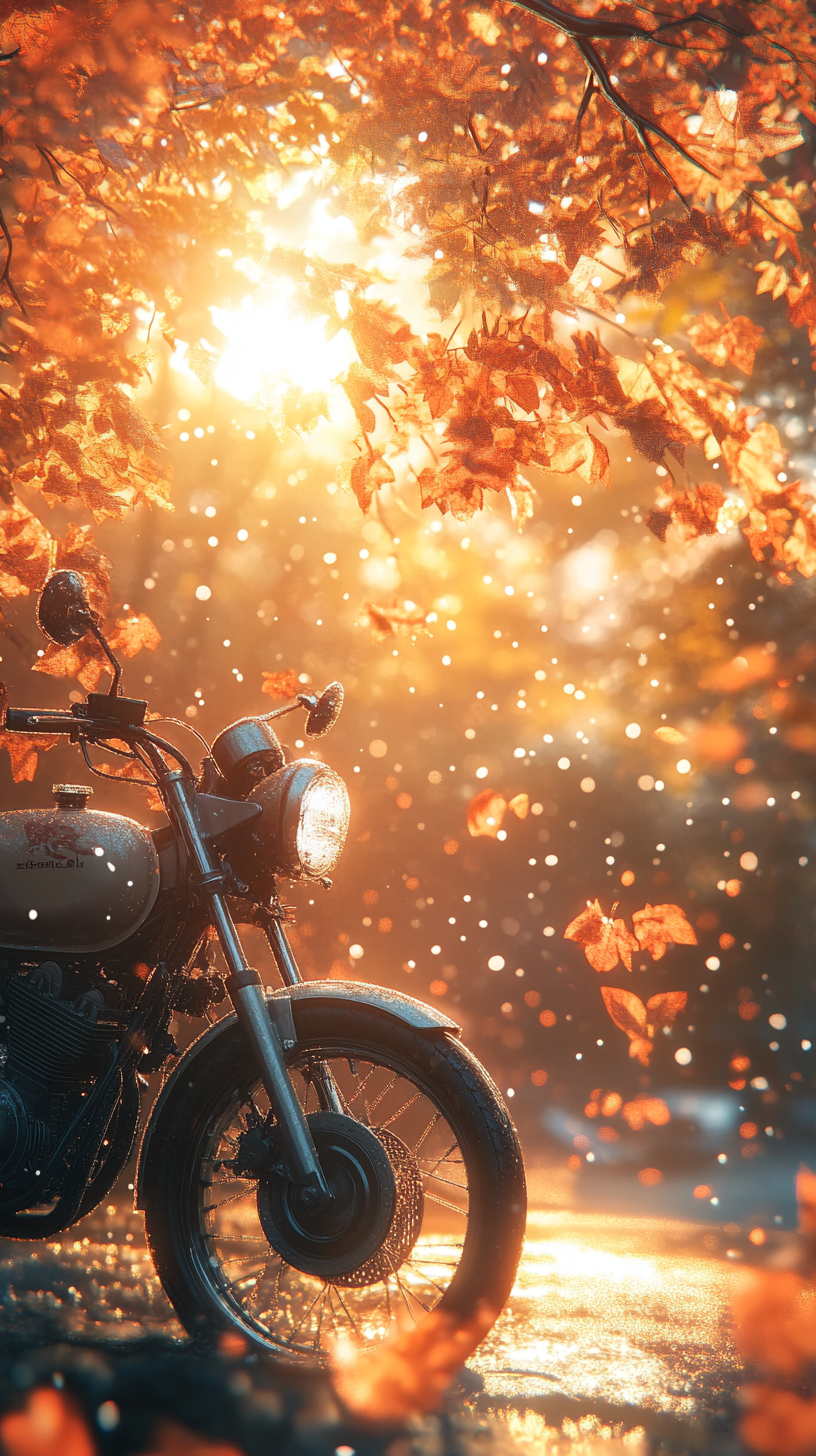 Motorcycle outside in autumn, hazy glass, bright sun.