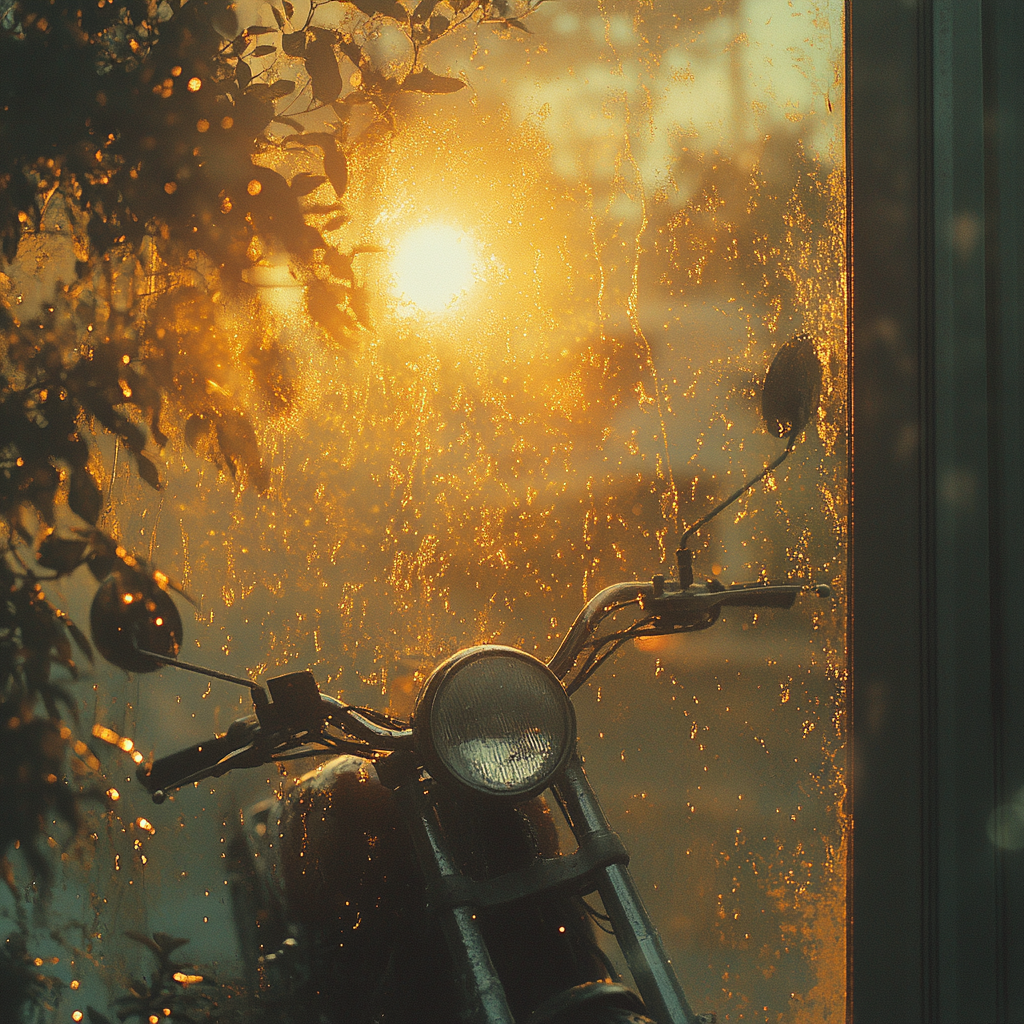 Motorcycle outside window with dew, bright sun, Makoto Shinkai.