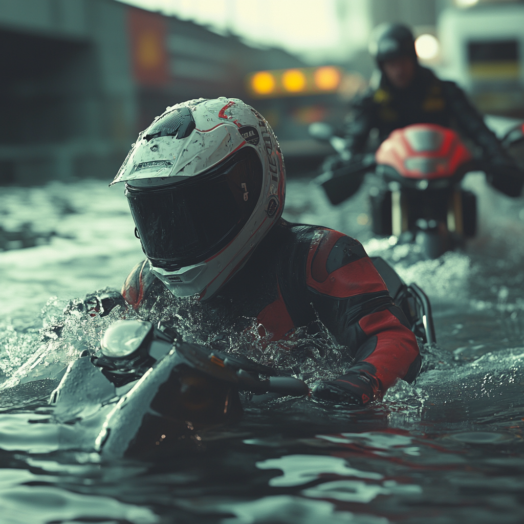 Motorcycle rider in water rescue situation, swimming to safety.