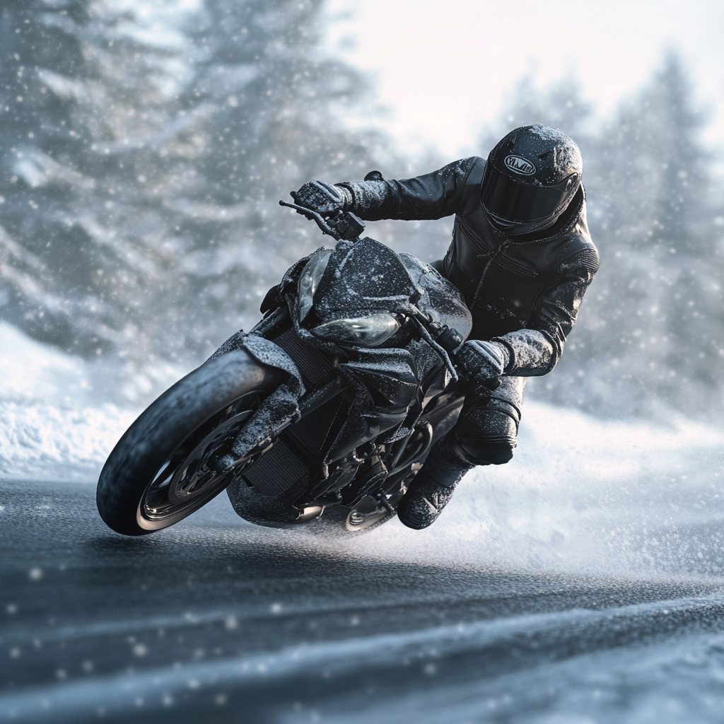 Motorcycle rider on icy road, skillfully maintaining balance.