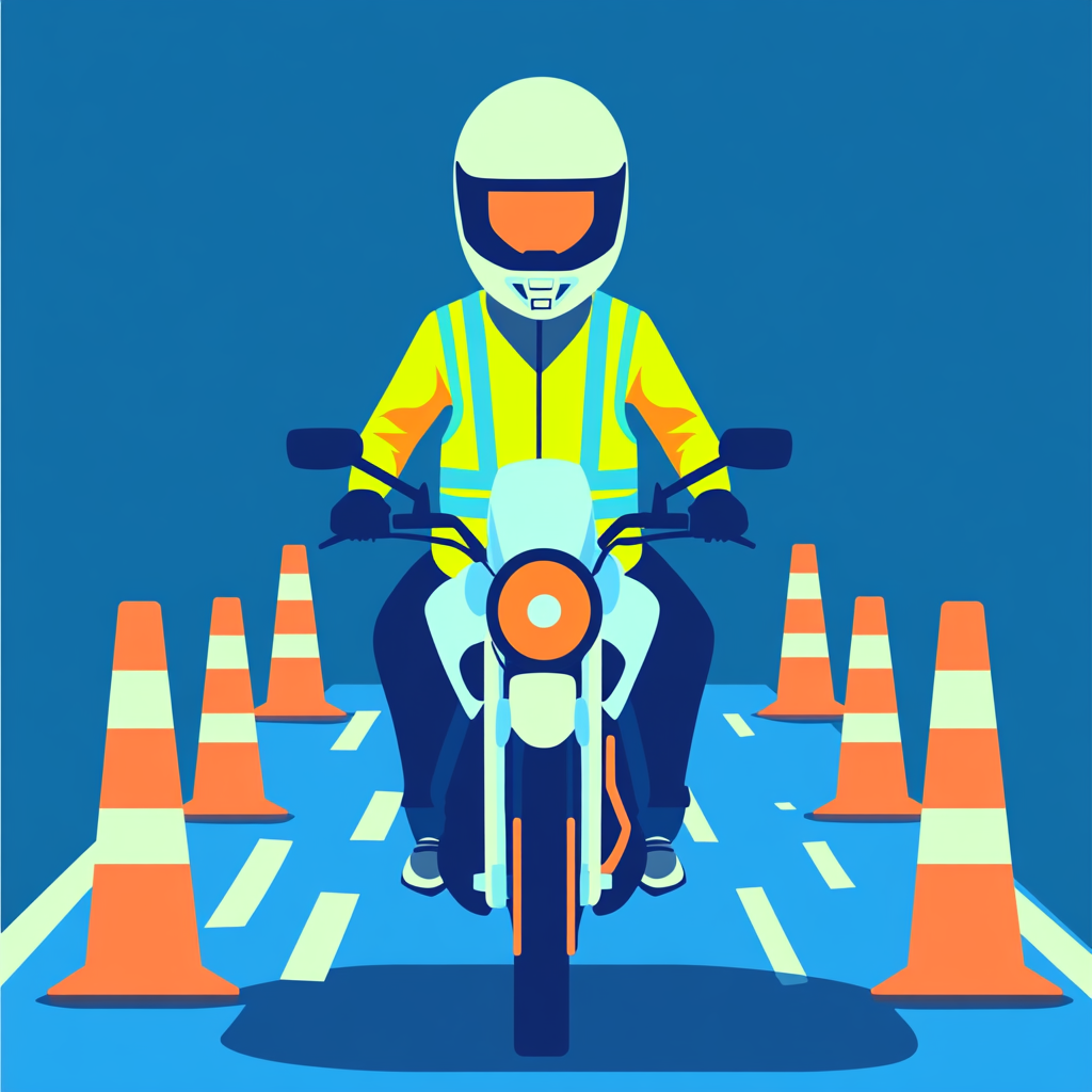 Motorcyclist Riding on Road with Traffic Cones