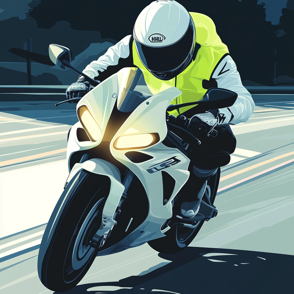 Motorcyclist in Yellow Vest Riding on Asphalt Road