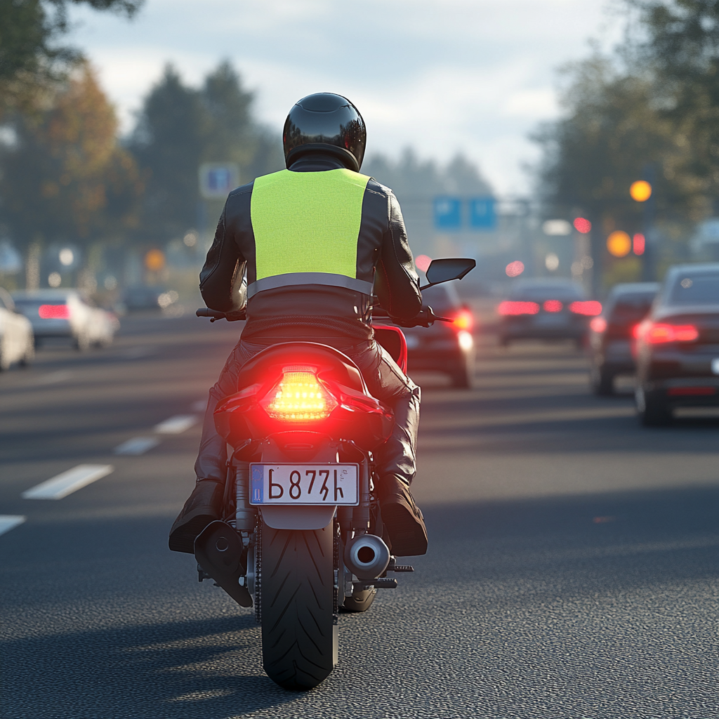 Motorcyclist in gear pushing broken bike on busy road.