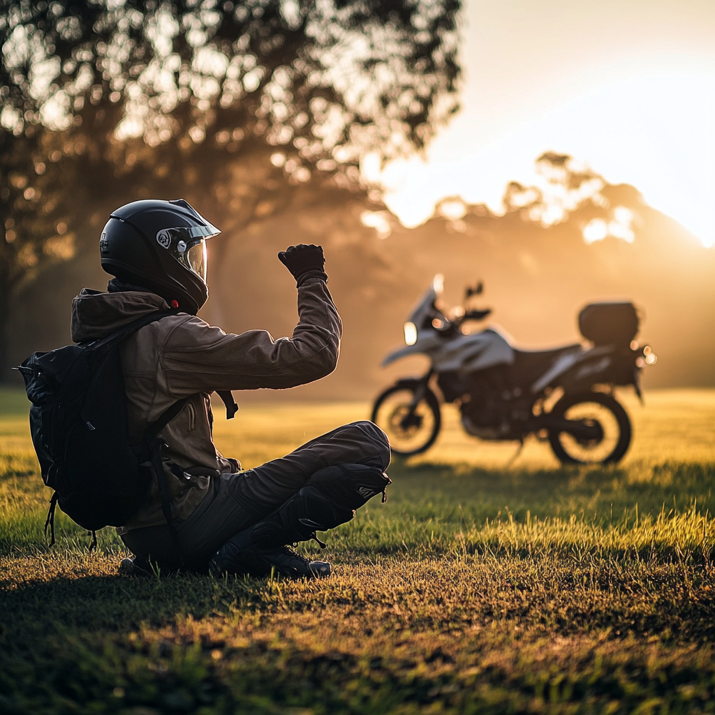 Motorcyclist in gear stretching near parked motorcycle at dawn.